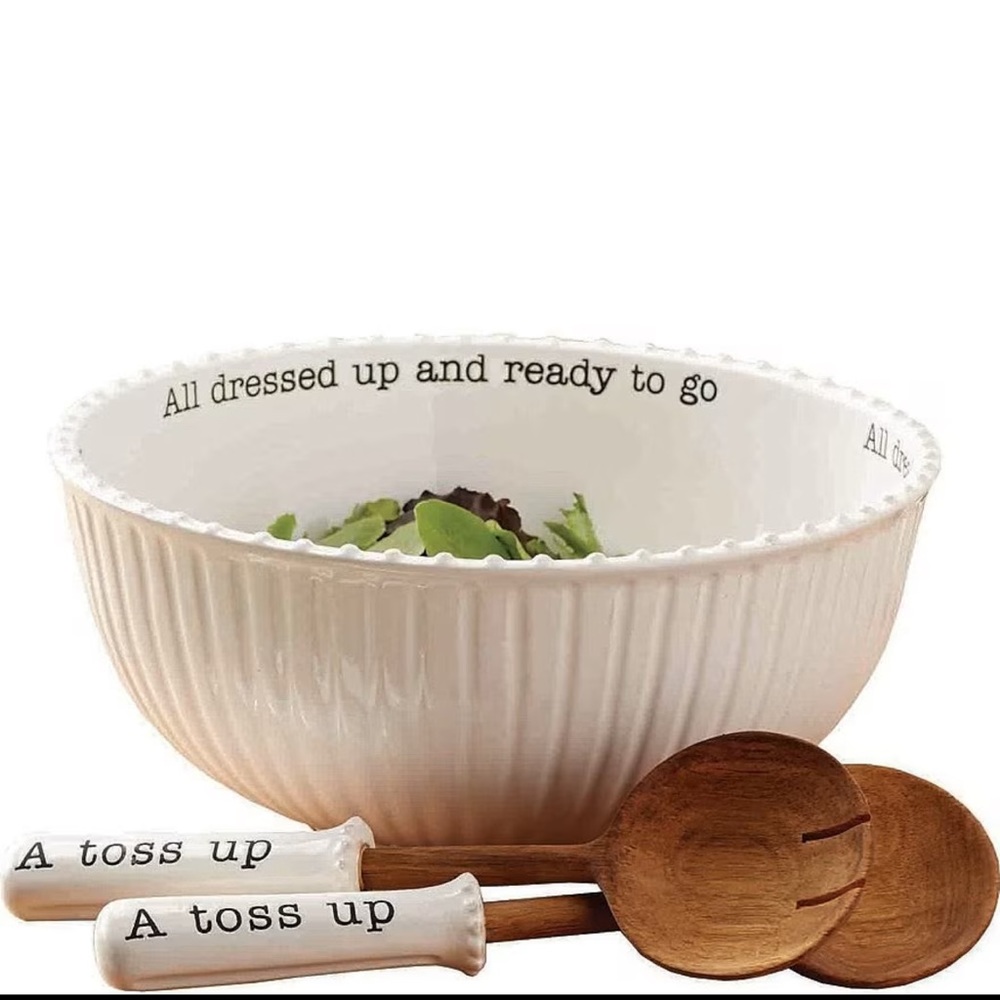 Mud Pie Ceramic Salad Bowl & Wood Server Set